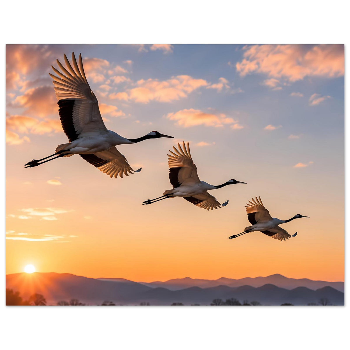Poster mit fliegenden Kranichen im Sonnenuntergang vor wolkigem Himmel