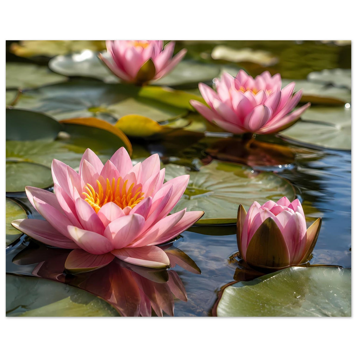 Wandposter: drei rosa Seerosenblüten auf Wasser und grünen Seerosenblättern