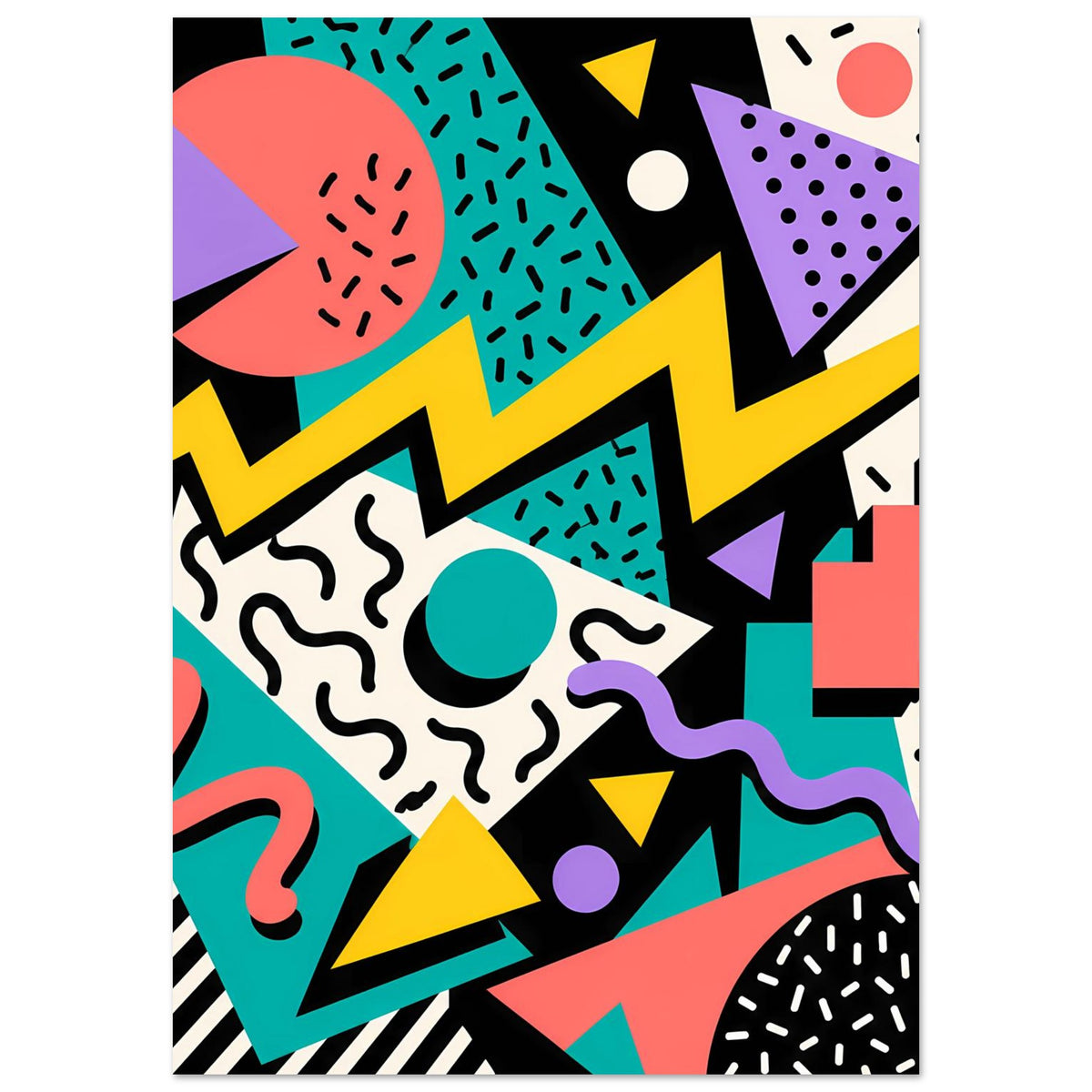 Kleines gerahmtes Poster mit Memphis-Muster: farbige Symbole, Zickzacklinie und Punkte