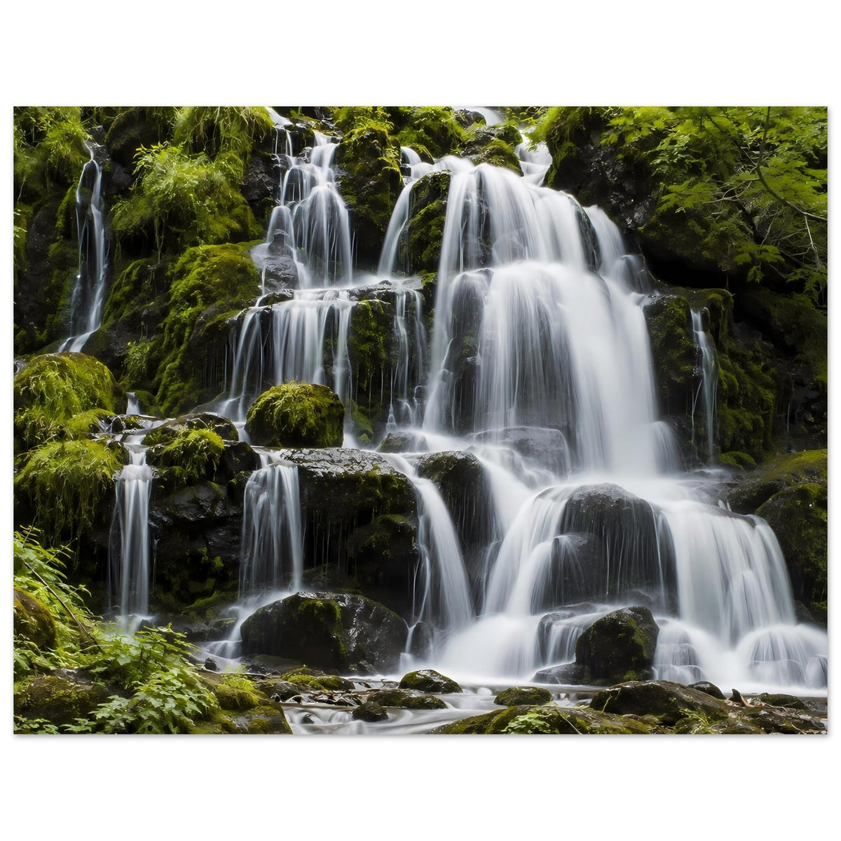 Wasserfall-Poster mit großen Wasserfällen und dichtem Moos auf Felsstufen