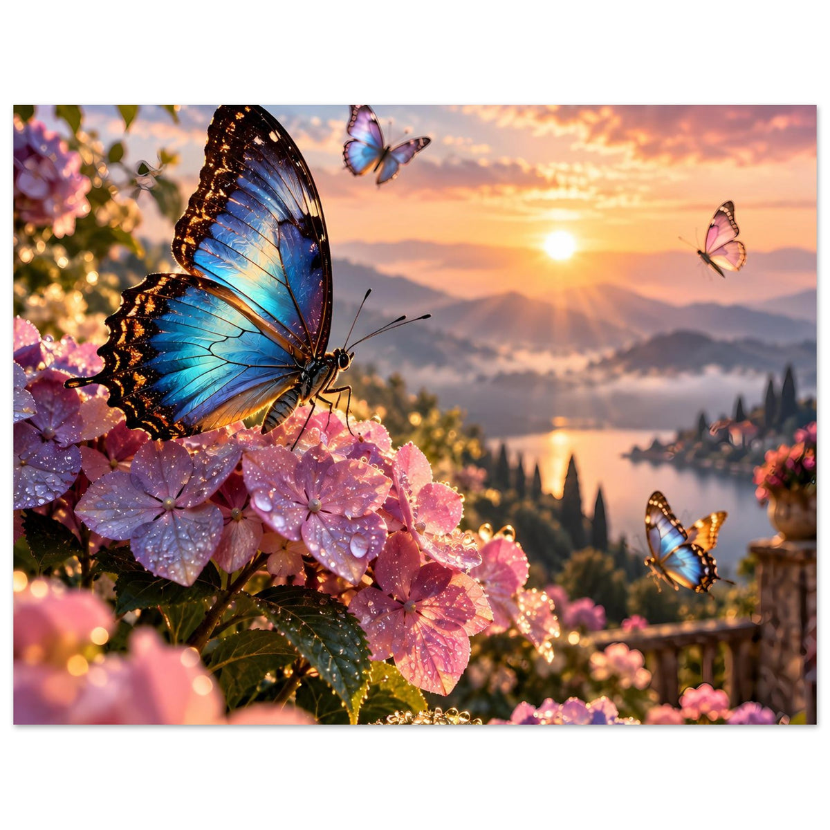 Querformatiges Poster mit blauem Schmetterling auf rosa Blüten und mehreren Schmetterlingen