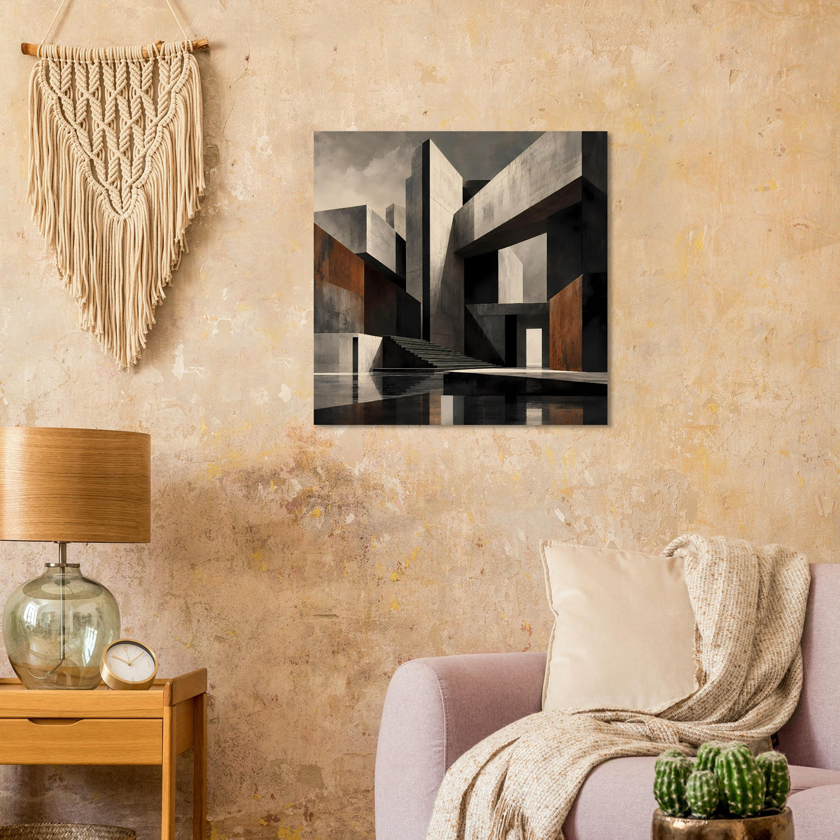 Poster mit abstraktem Architekturmotiv, schwarzen und grauen Blockformen, Akzenten in Braun