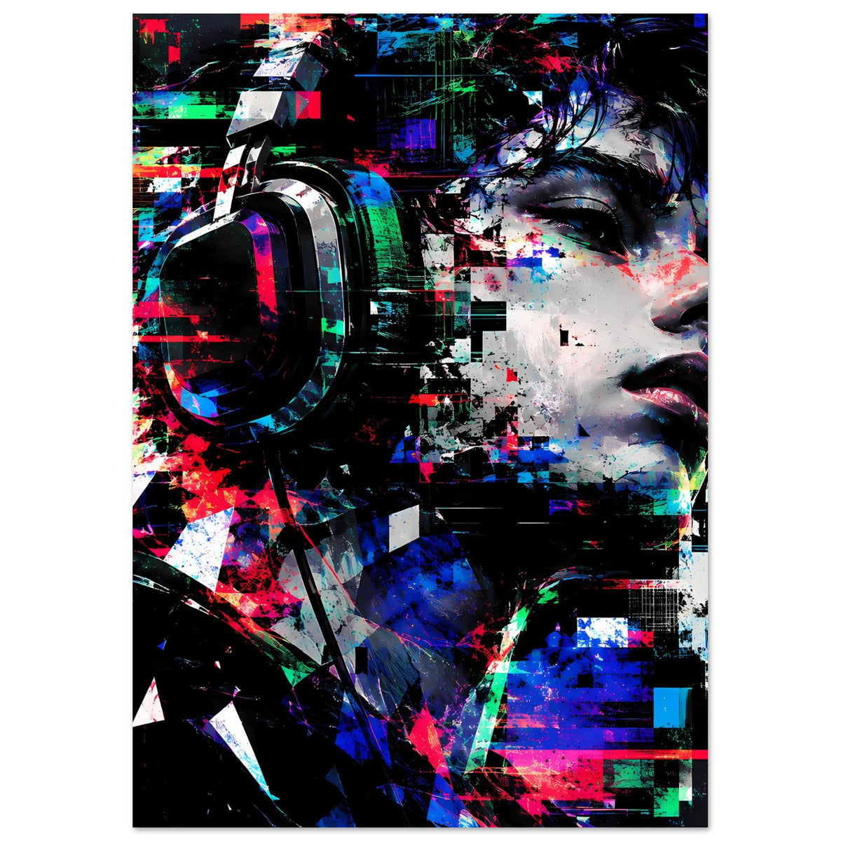 Digitaldruck-Poster mit Porträt und bunten Pixel- und Linienmustern, schwarz gerahmt