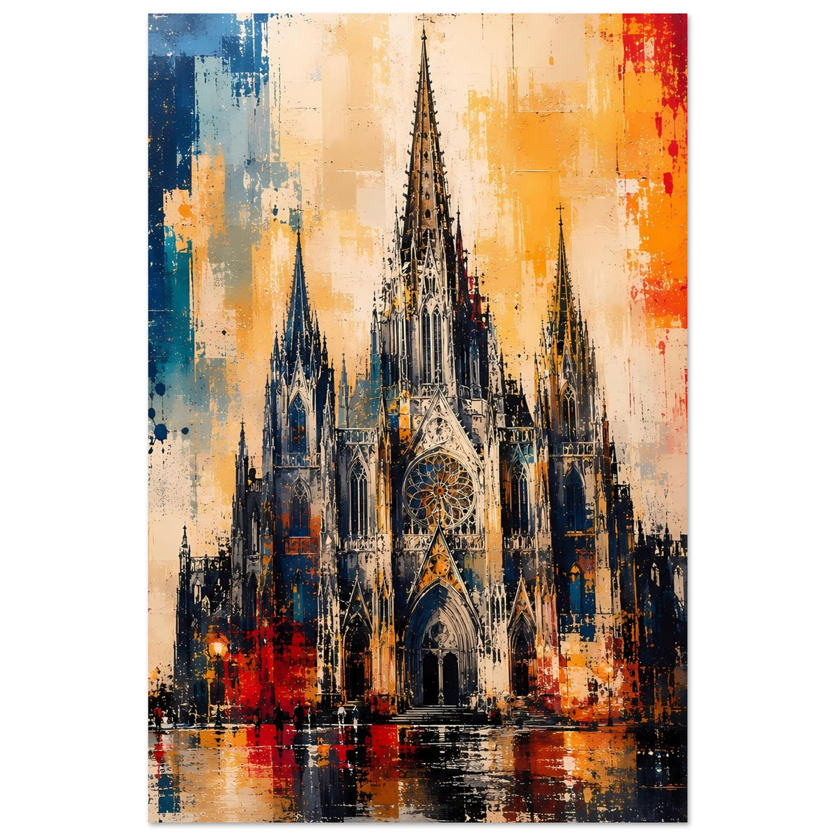 Poster mit gotischer Kathedrale, volle Ansicht der Türme und Fassade, Farbverlauf in Blau, Creme, Rot