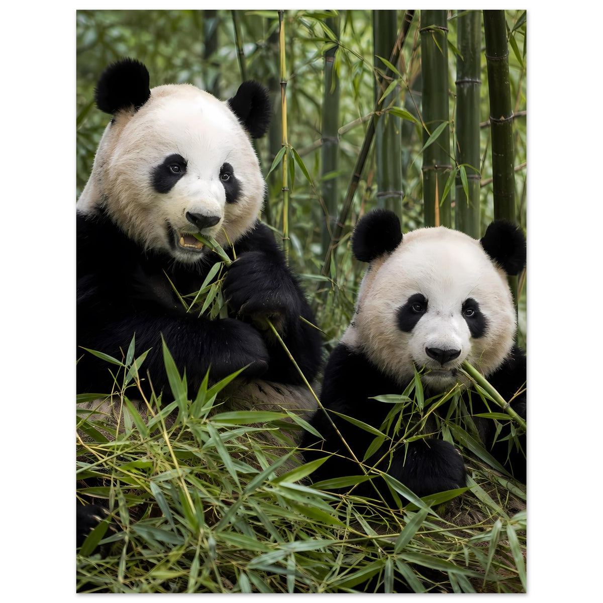 Panda-Duo-Poster: zwei Pandas sitzen im Bambus, Panda links frisst, Panda rechts mit Blick