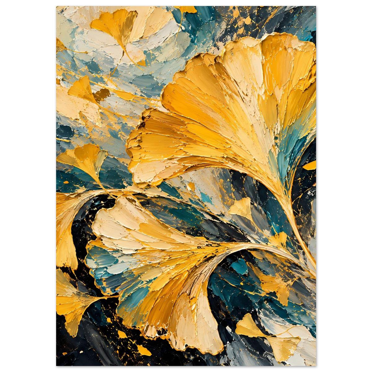 Abstraktes Poster mit Ginkgo-Blatt in Gold und Türkis, kräftiger Pinselstrich