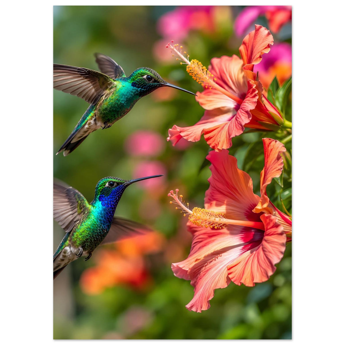 Poster mit zwei Kolibris auf orange-roten Hibiskusblüten