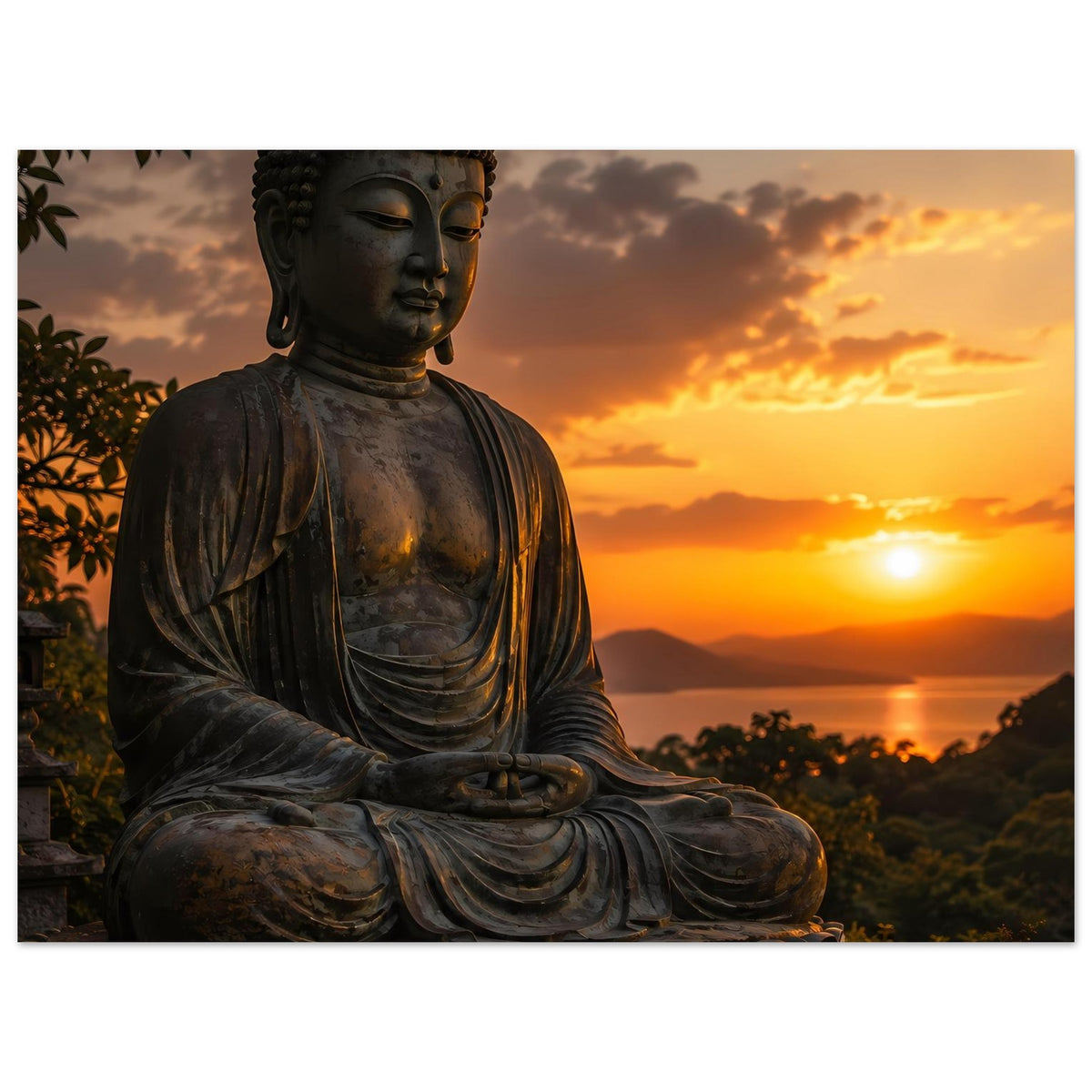 Poster mit Buddha-Statue im Meditationssitz, bronzefarbene Figur von der Seite betrachtet