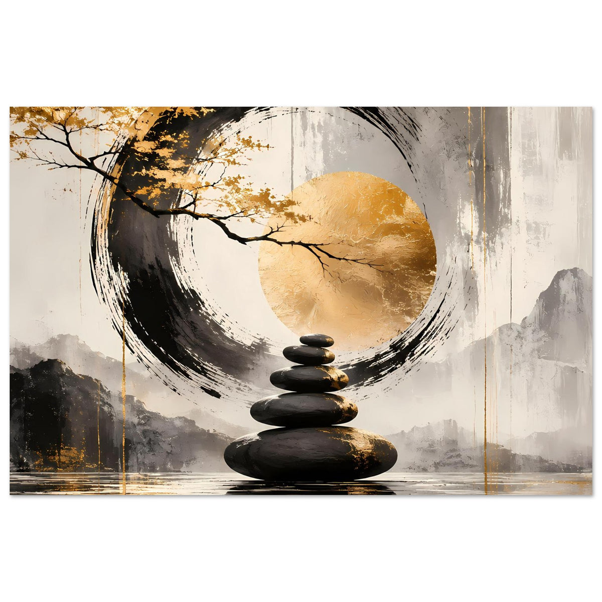 Zen-Art Poster mit goldener Halbsonne, schwarzem Kreis und stacked Steinstapel