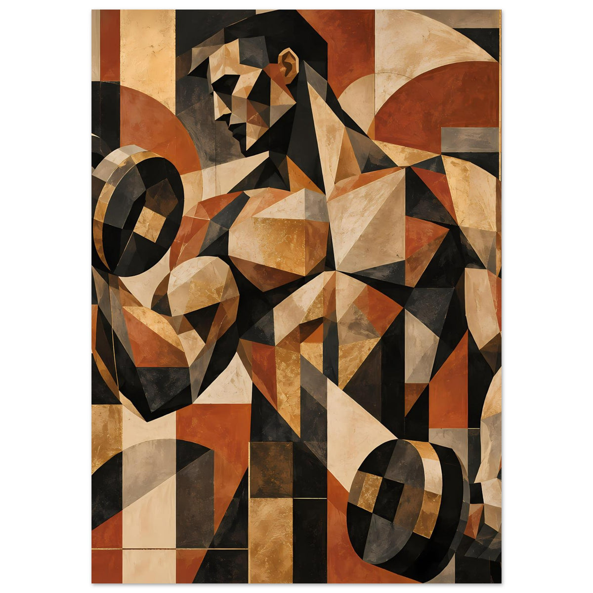 Abstraktes geometrisches Poster mit kontrastreichen Flächen in Schwarz, Beige und orangebraun, kompakt.