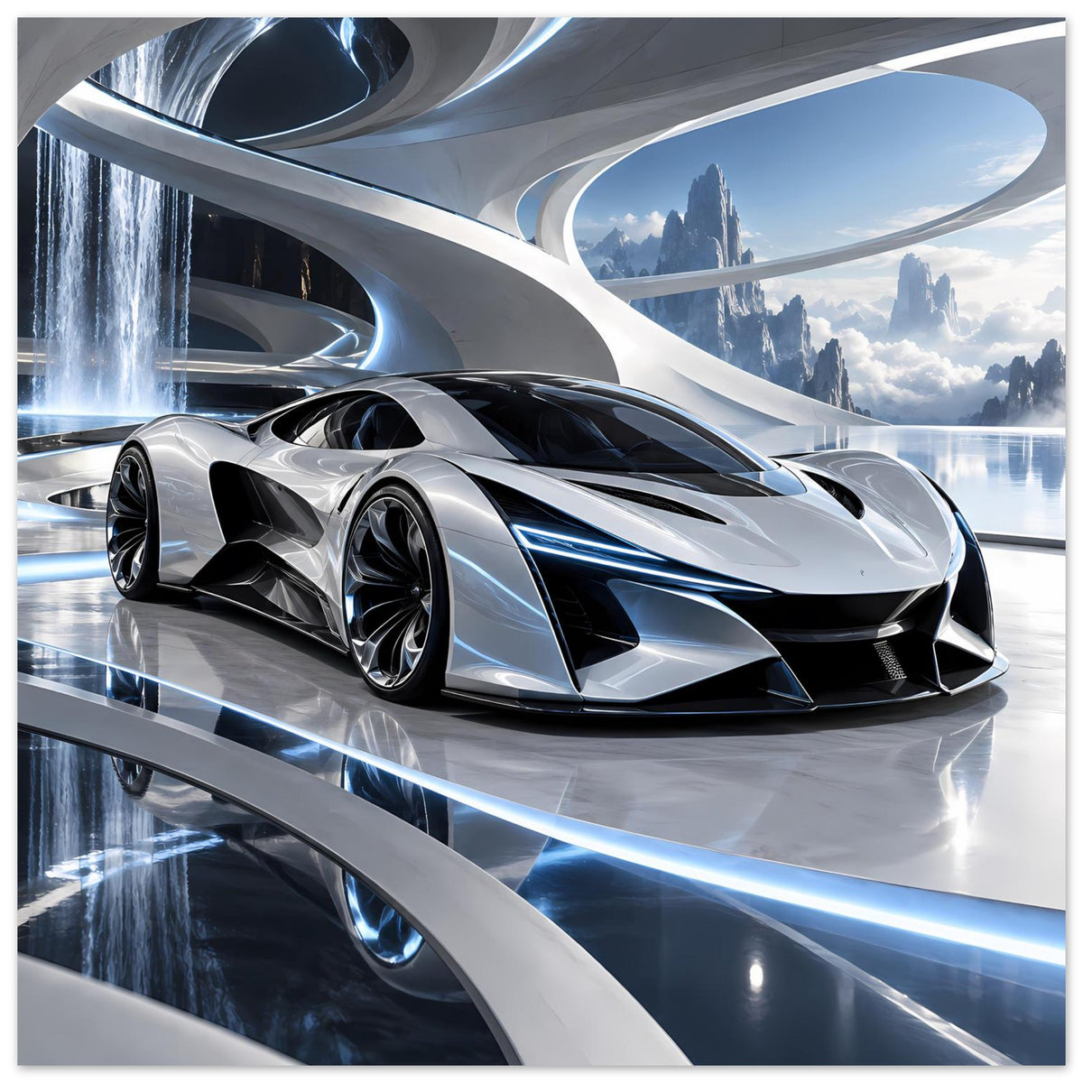 Futuristisches Auto-Poster mit silbernem Supersportwagen, blauem LED-Licht am Boden