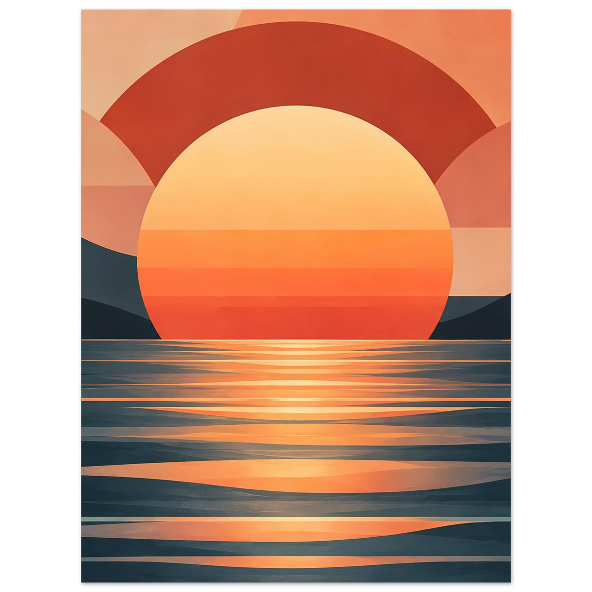 Poster mit warmen Sonnenuntergangsfarben: roter Halbkreis, gelbe Sonne und ruhige Wasserstreifen