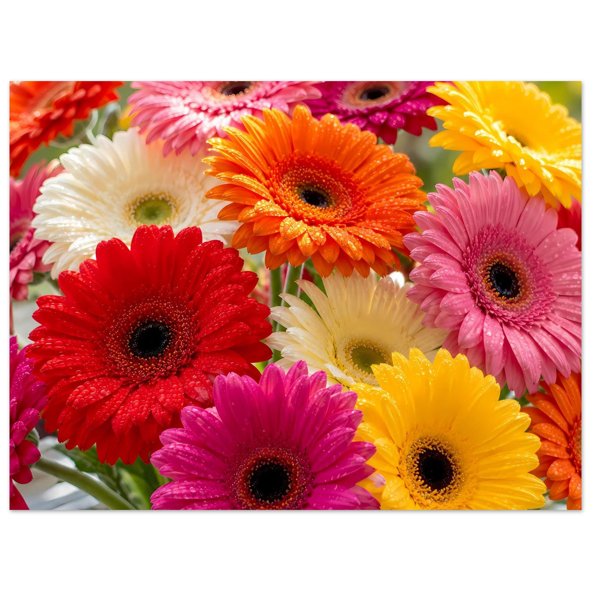 Buntes Gerbera-Blumenposter mit Nahaufnahme großer Gerbera in Pink, Rot, Orange und Gelb