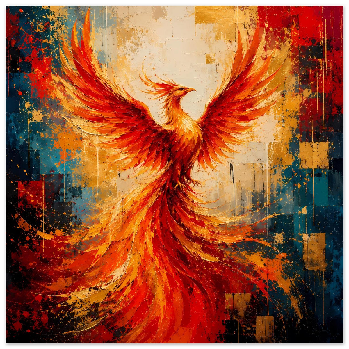 Phönix-Poster: Phönixkopf mittig, feuerrote Flügel, abstraktes Blau-Gelb-Muster