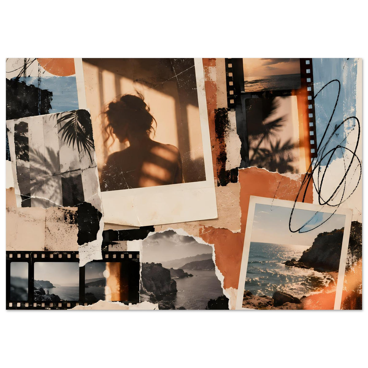 Vintage Memories Collage-Poster mit Filmstreifen, Polaroid-Fotos und Küstenlandschaft