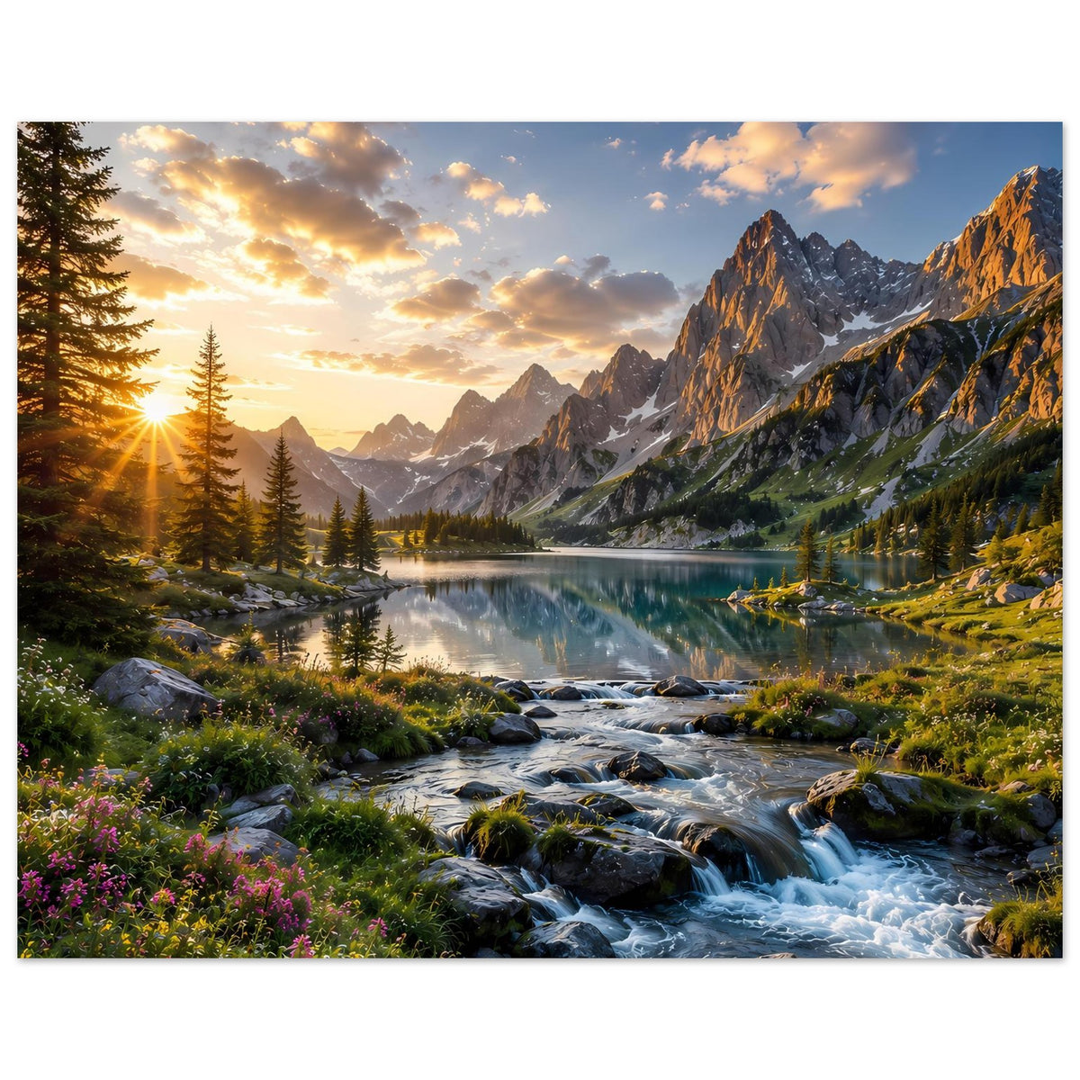 Wandposter im Querformat mit Sonne links, Bergsee, Bach und Tannenwald