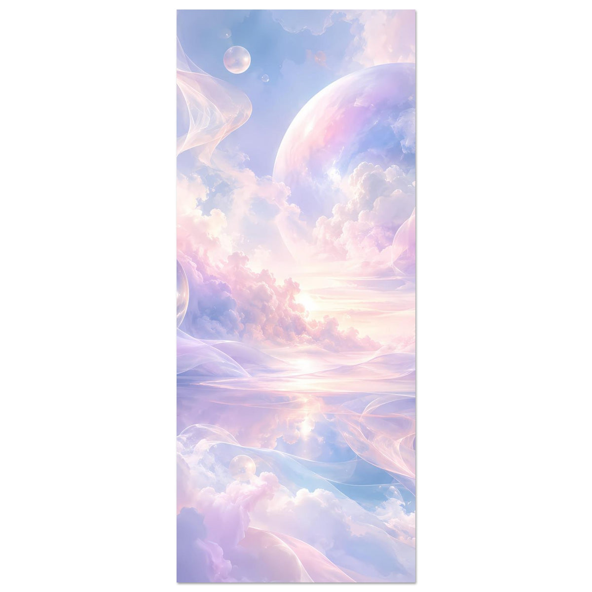 Hochformat-Poster mit Pastellwolken, großer Kugel in der Mitte und schimmerndem Horizont