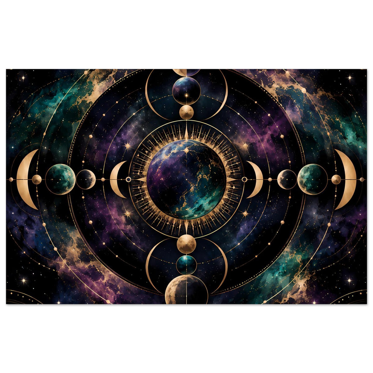 Poster mit kosmischem Mondphasen-Motiv, goldene Kreise über dunklem Sternenhimmel