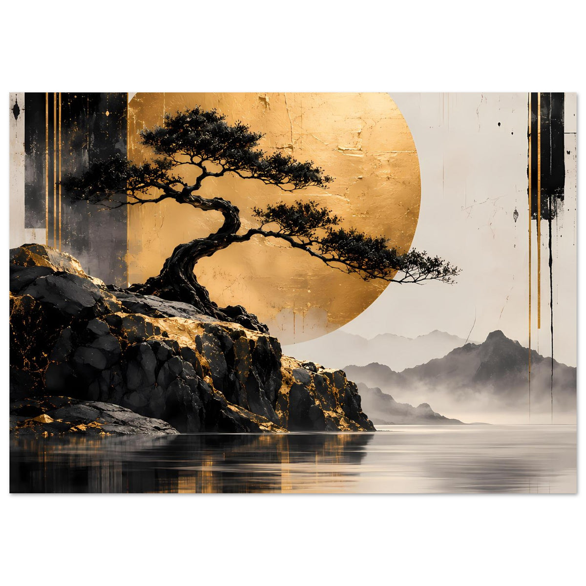 Poster im Querformat: goldener Mond, schwarzer Baum, Felsen am Ufer und ruhiger Wasserspiegel