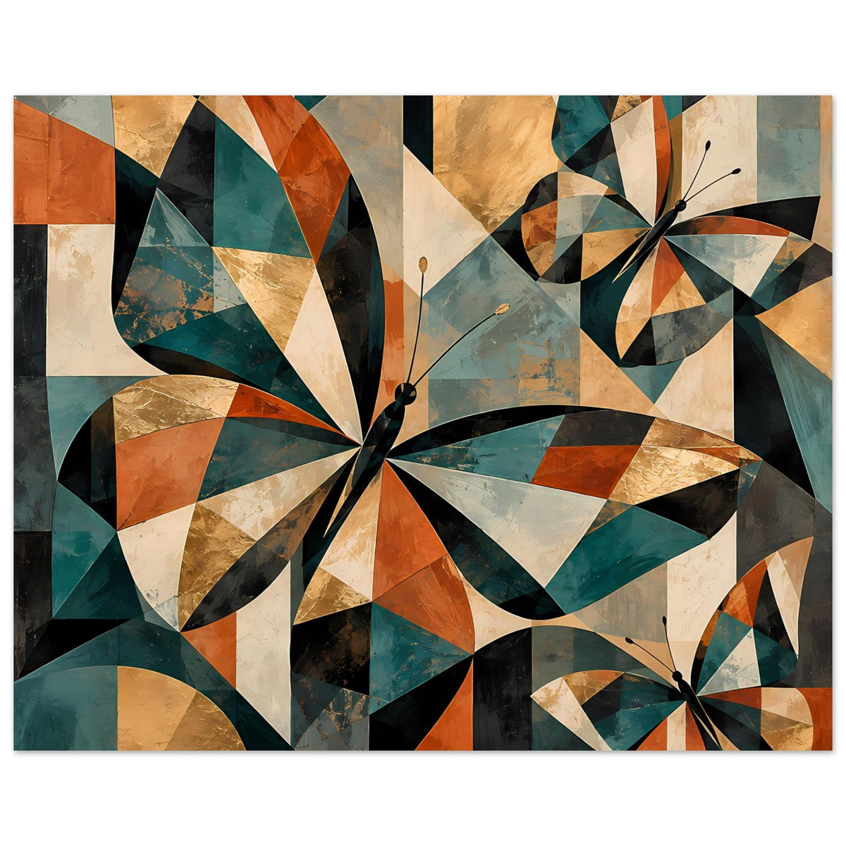 Kunstposter mit geometrischen Schmetterlingen in warmen Braun-, Orange- und Blautönen
