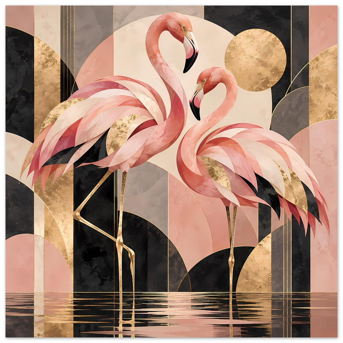Zwei rosa Flamingos vor geometrischem Hintergrund mit Goldakzenten in Schwarz und Creme – Posteransicht 20