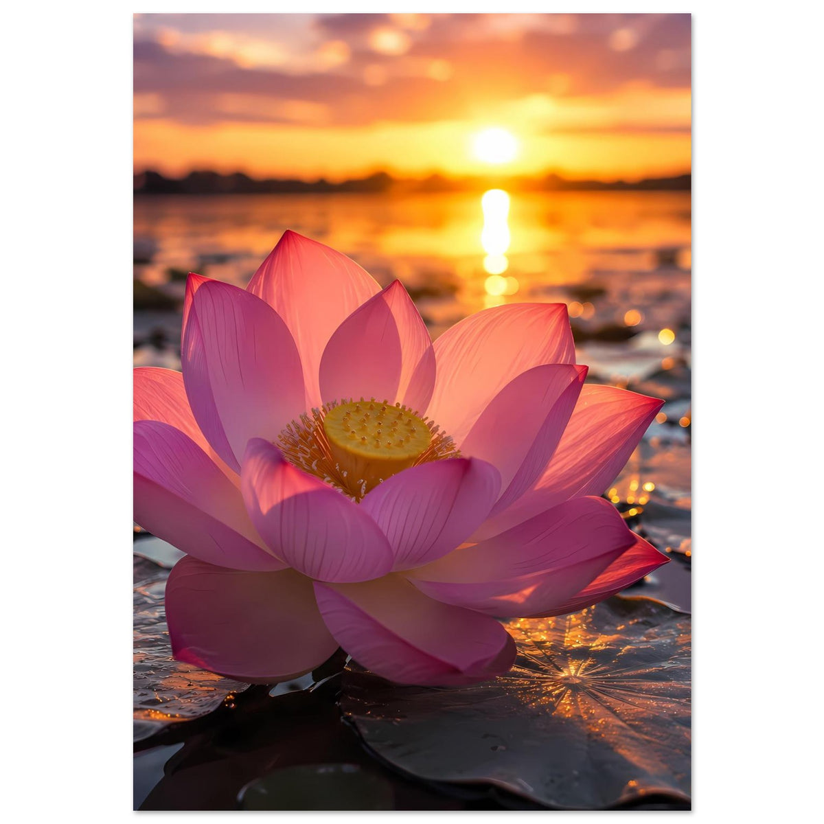 Hochkant-Poster: detailreiche pinke Lotusblüte vor goldgelbem Sonnenuntergang