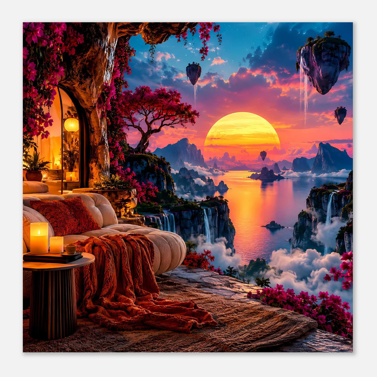 Fantasy-Landschaftsposter: Sonnenuntergang am Fluss, Wasserfälle, Blumen und Couch-Ecke im Bild