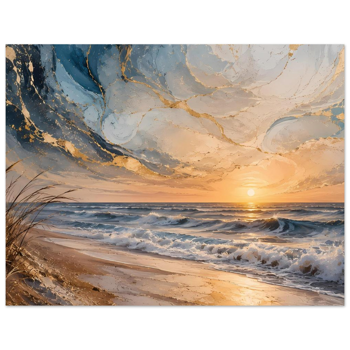 Strandposter mit Meereswellen, goldgelbem Licht und hellblauem Farbverlauf am Himmel
