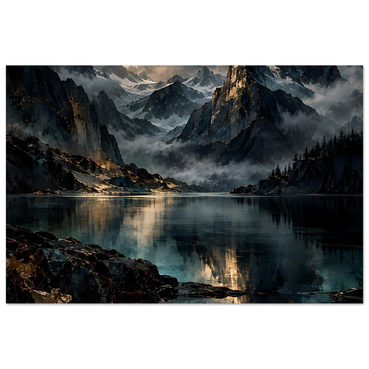 Poster mit Bergsee-Landschaft im Querformat: felsige Ufer, leuchtender Himmel und Reflexe im See