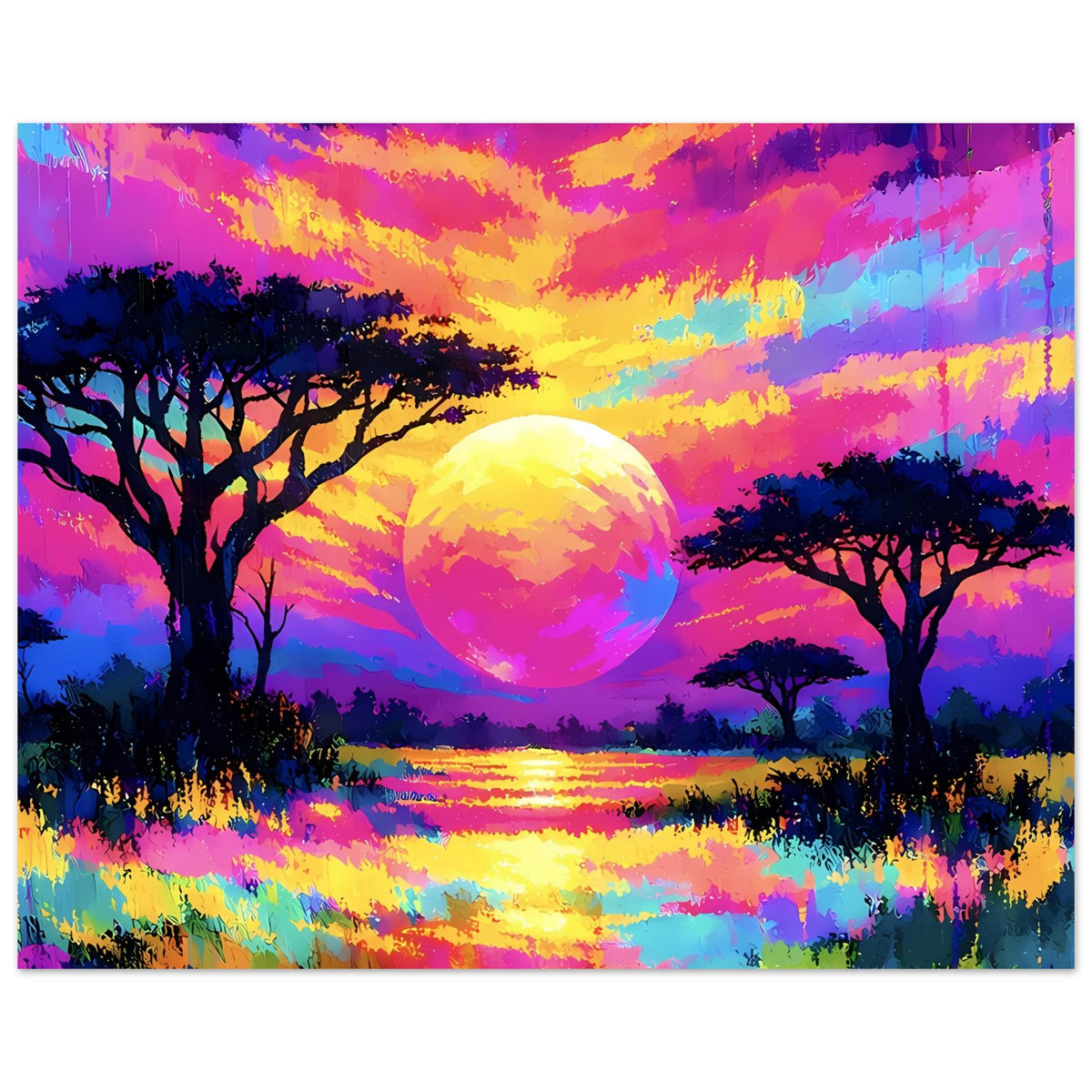 Neonfarbenes Querformat-Poster mit Sonnenball, Regenbogenfarben am Horizont und Bäumen