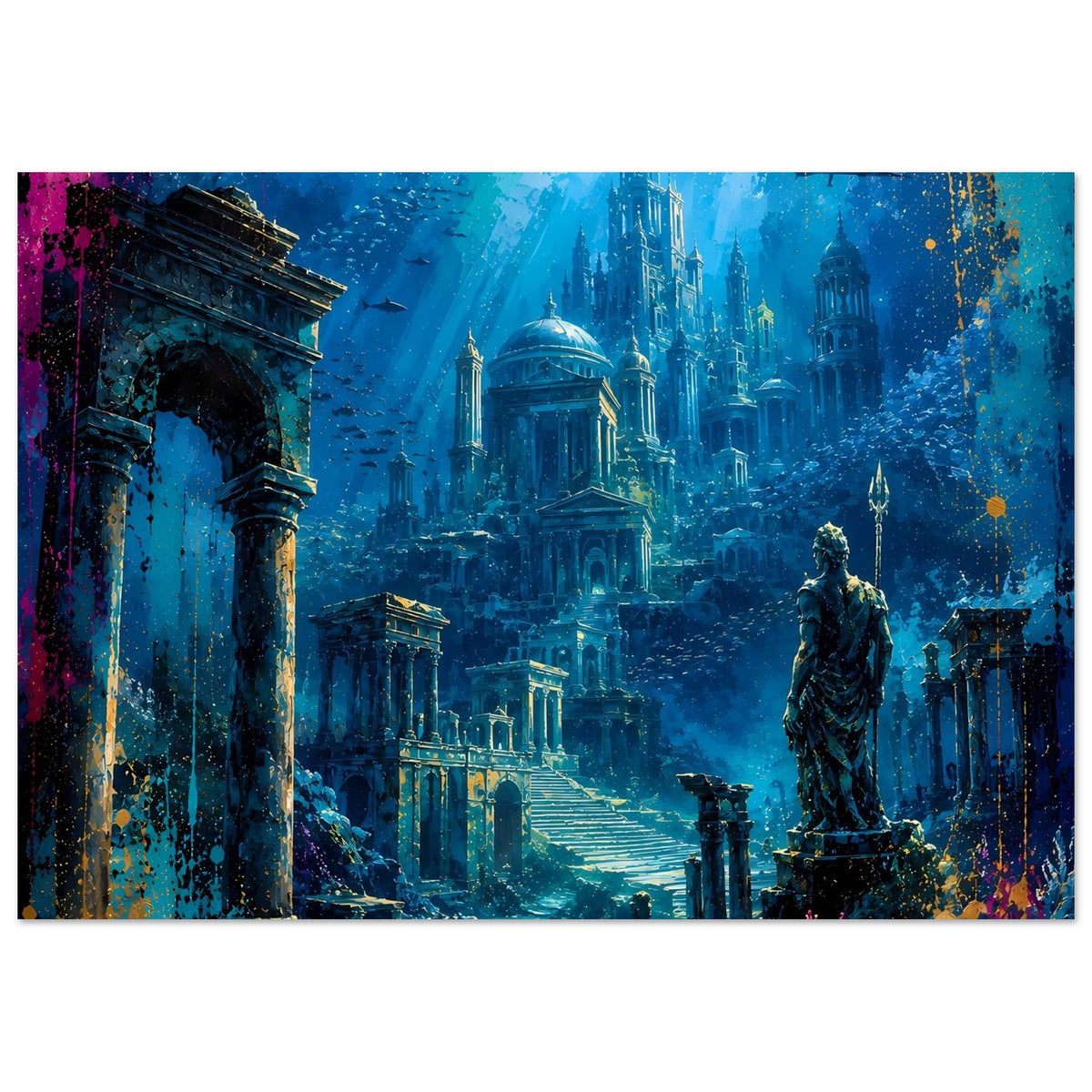 Poster mit versunkener Atlantis-Stadt im tiefblauen Ozean, Säulen und Statue