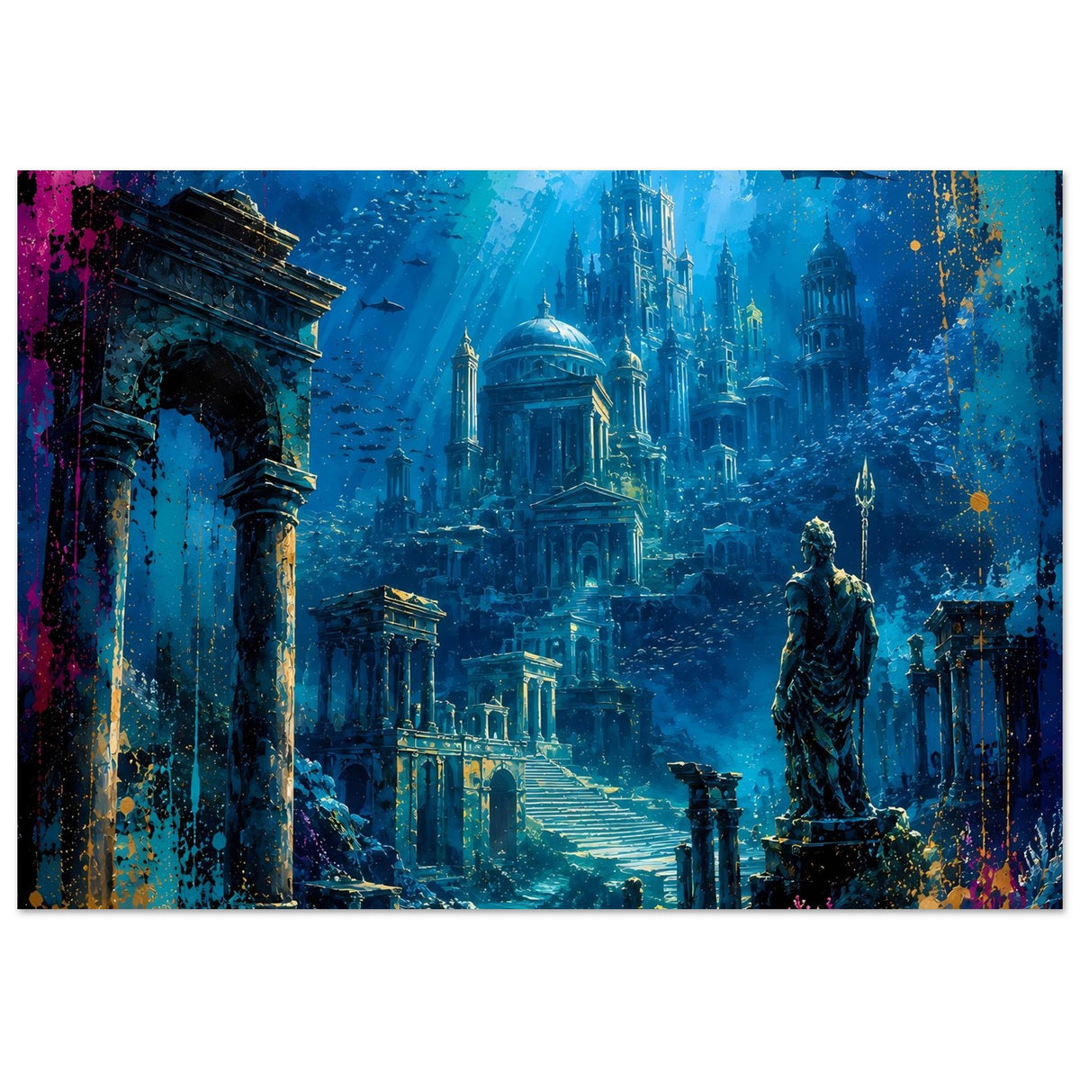 Poster einer versunkenen Stadt im tiefblauen Ozean: Ruinen, Statue, Säulenreihe, Farbspritzer