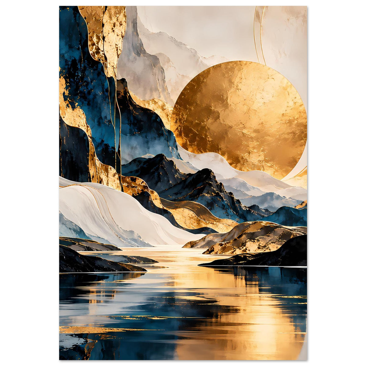 Abstraktes Poster mit Goldkreis, schneebedecktem Ufer und ruhigem spiegelndem See