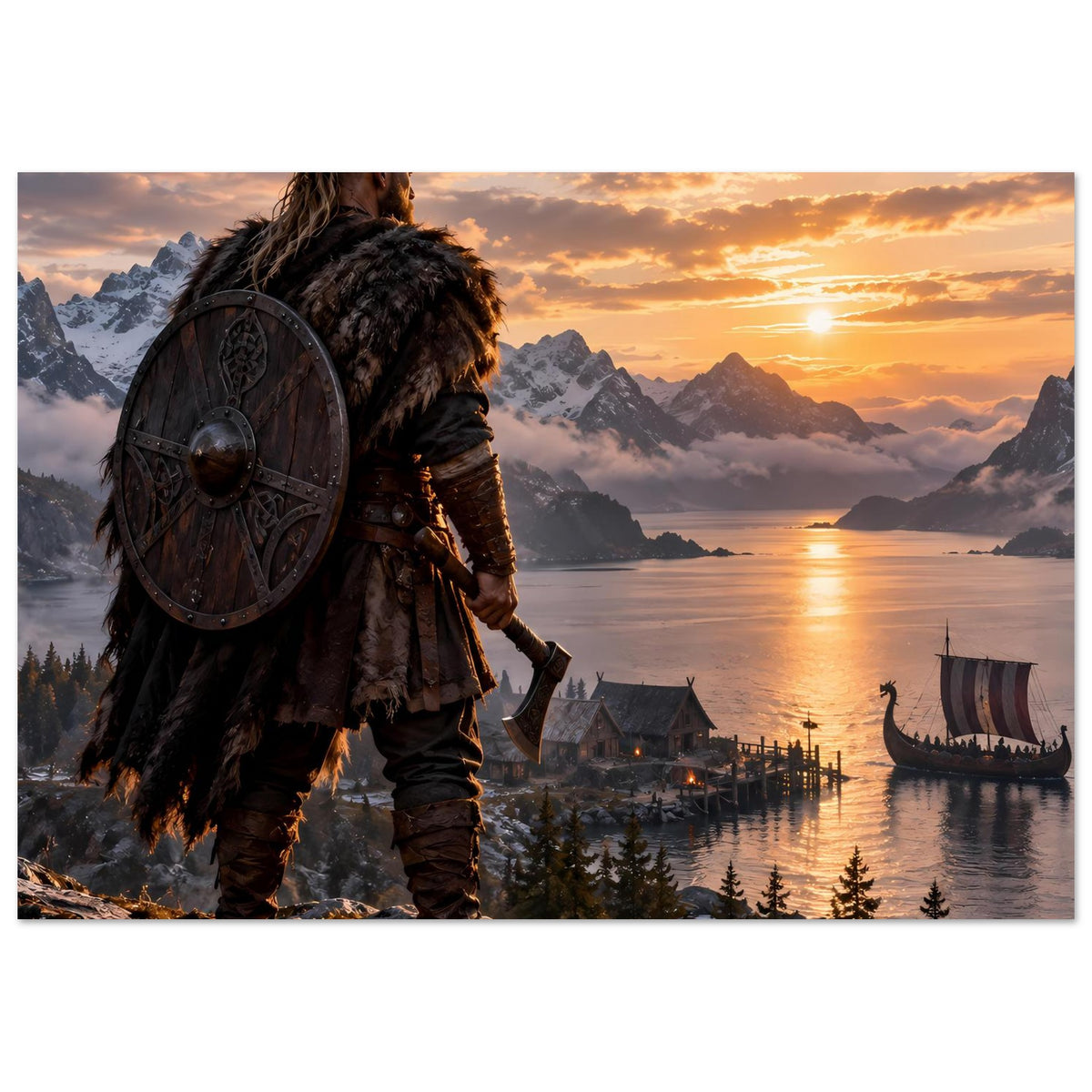 Vikingerposter: Krieger mit Rundschild vor Fjord, Häuser und Langschiff im Bild