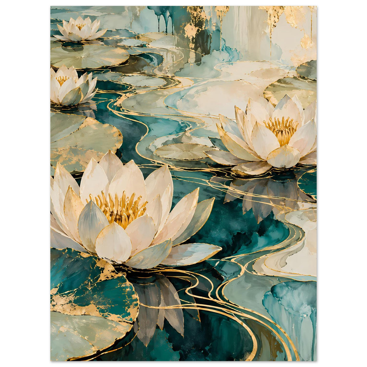 Hochformatiges Lotusblüten-Wandposter mit weißen Seerosen, türkisblauen Reflexen und Goldtönen.