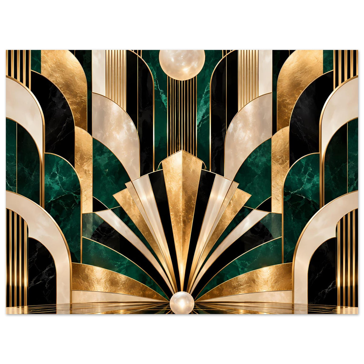 Art-Déco-Poster mit goldenen Fächern und smaragdgrünen Bögen, horizontal