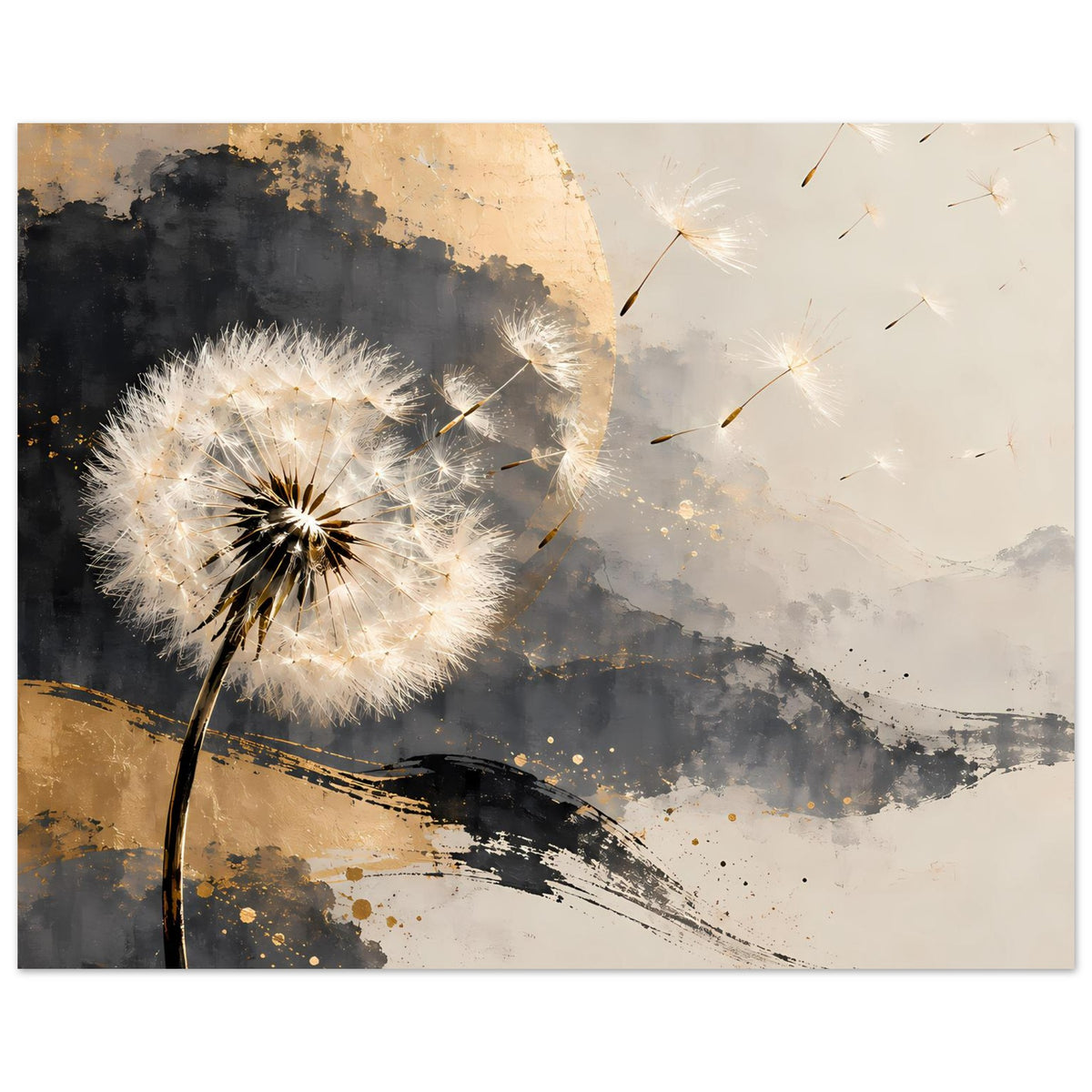 Kunstposter mit Pusteblume, dunkler Pinselbogen, goldene Akzente, feine Samenlinien
