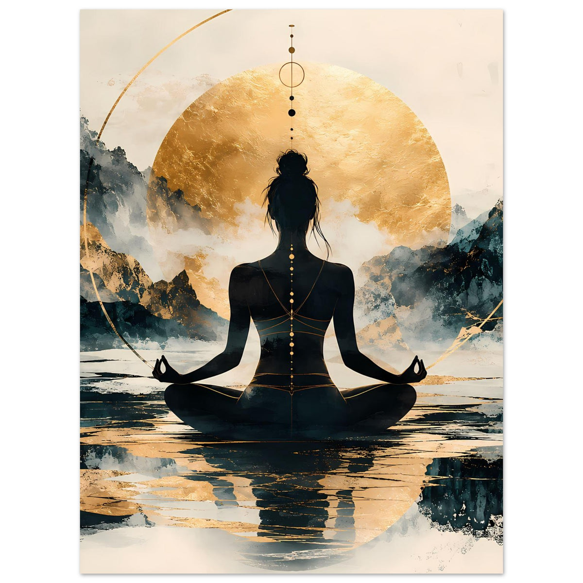 Meditationsposter mit schwarzer Sitzfigur, Perlenkette entlang der Wirbelsäule, goldenen Akzenten