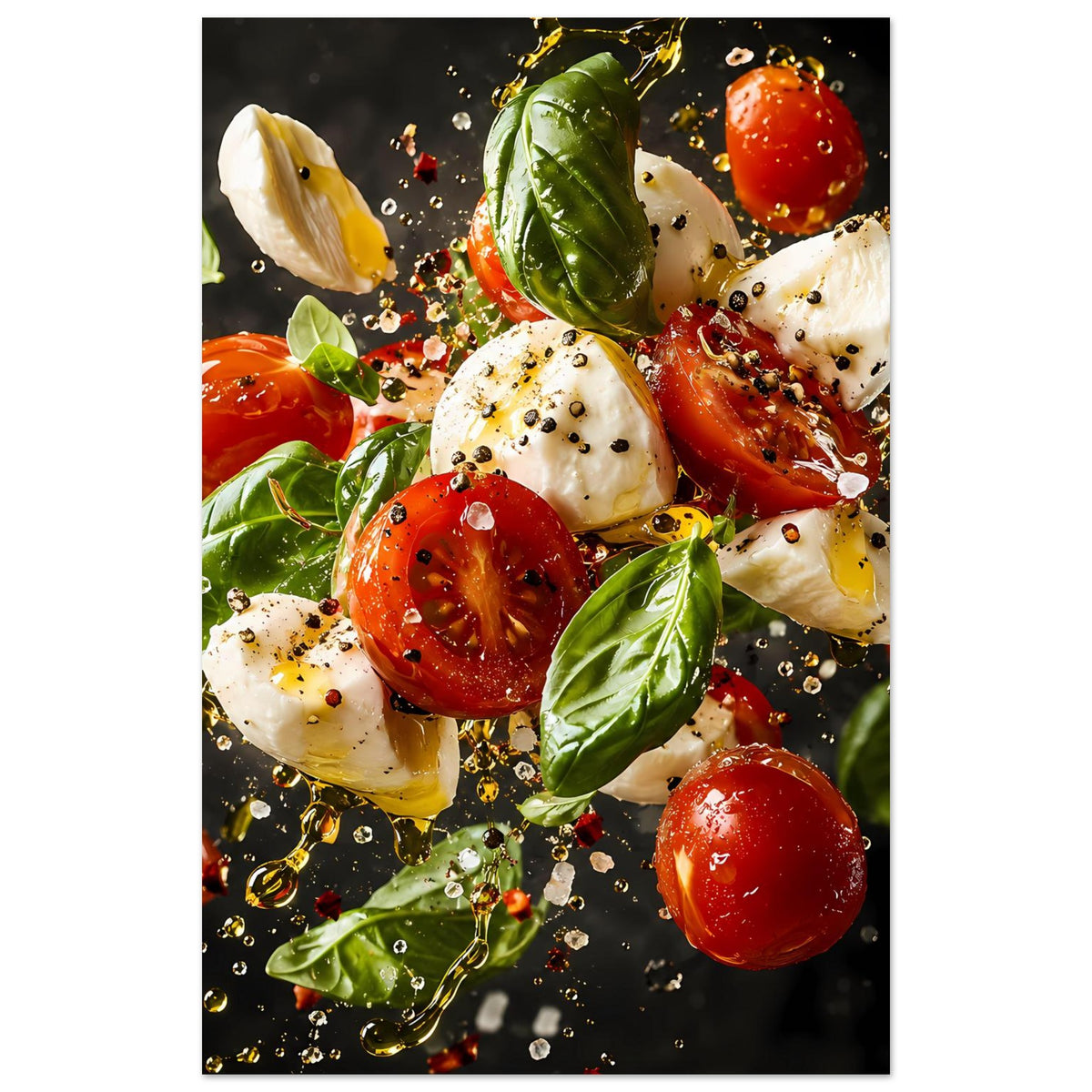 Caprese-Salat-Artposter im Hochformat: Tomaten, Mozzarella, Basilikum, Spritzer