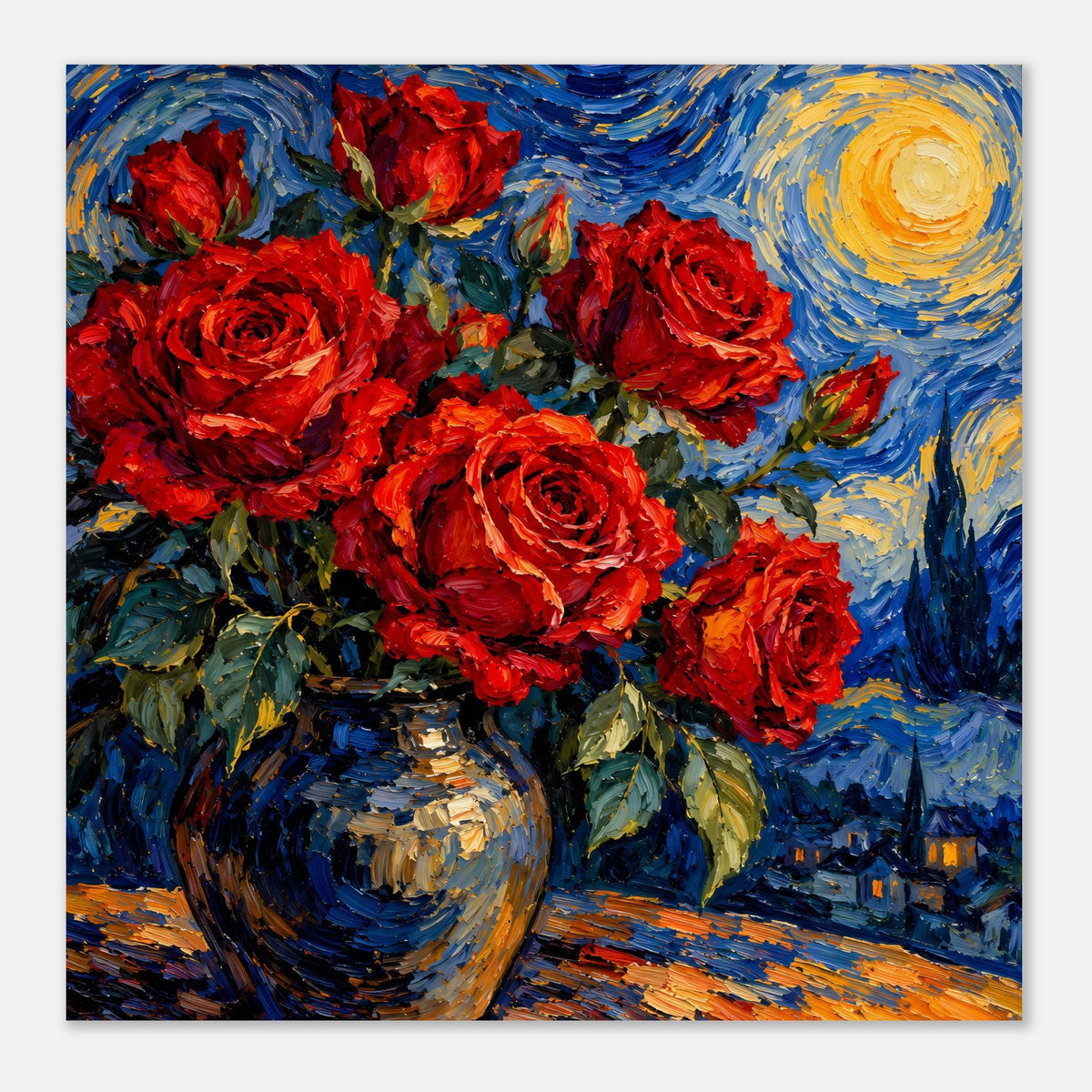 Quadratisches Poster mit rotem Rosenbouquet in Vase, blau-gelbes Nachtbild mit Lichtkreis