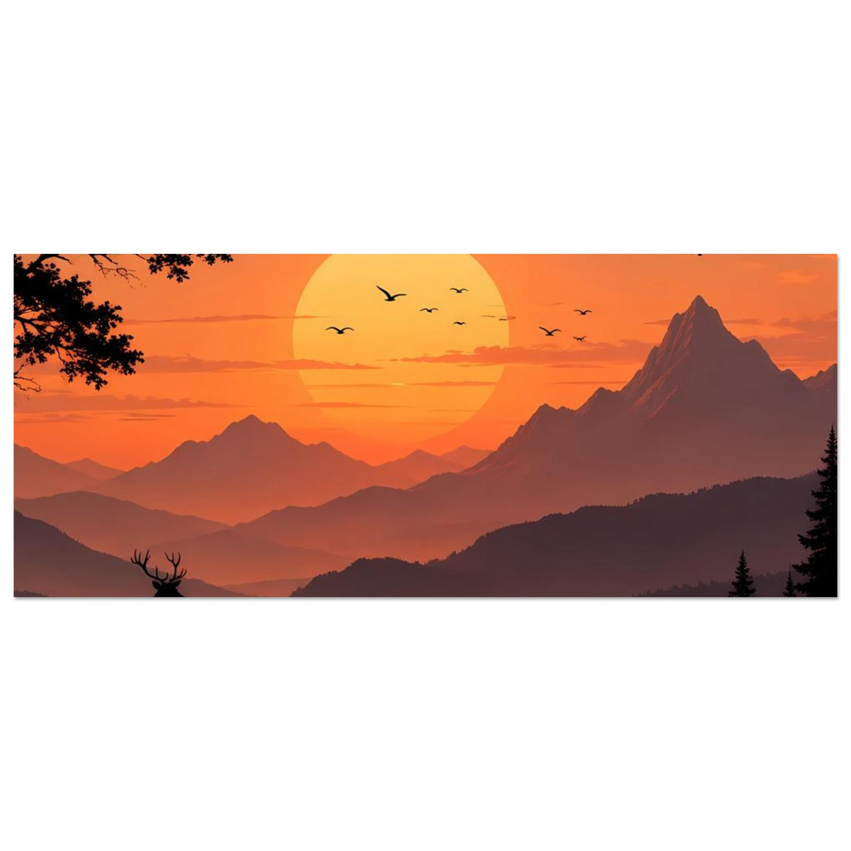 Breites, gerahmtes Poster mit Sonnenuntergang über Bergsee, großer Sonne und Hirschsilhouette