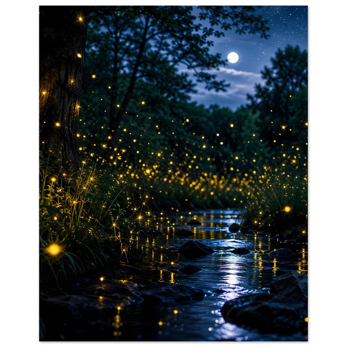Leuchtposter (hochkant) mit Glühwürmchen am Bachufer bei Nacht und Mond