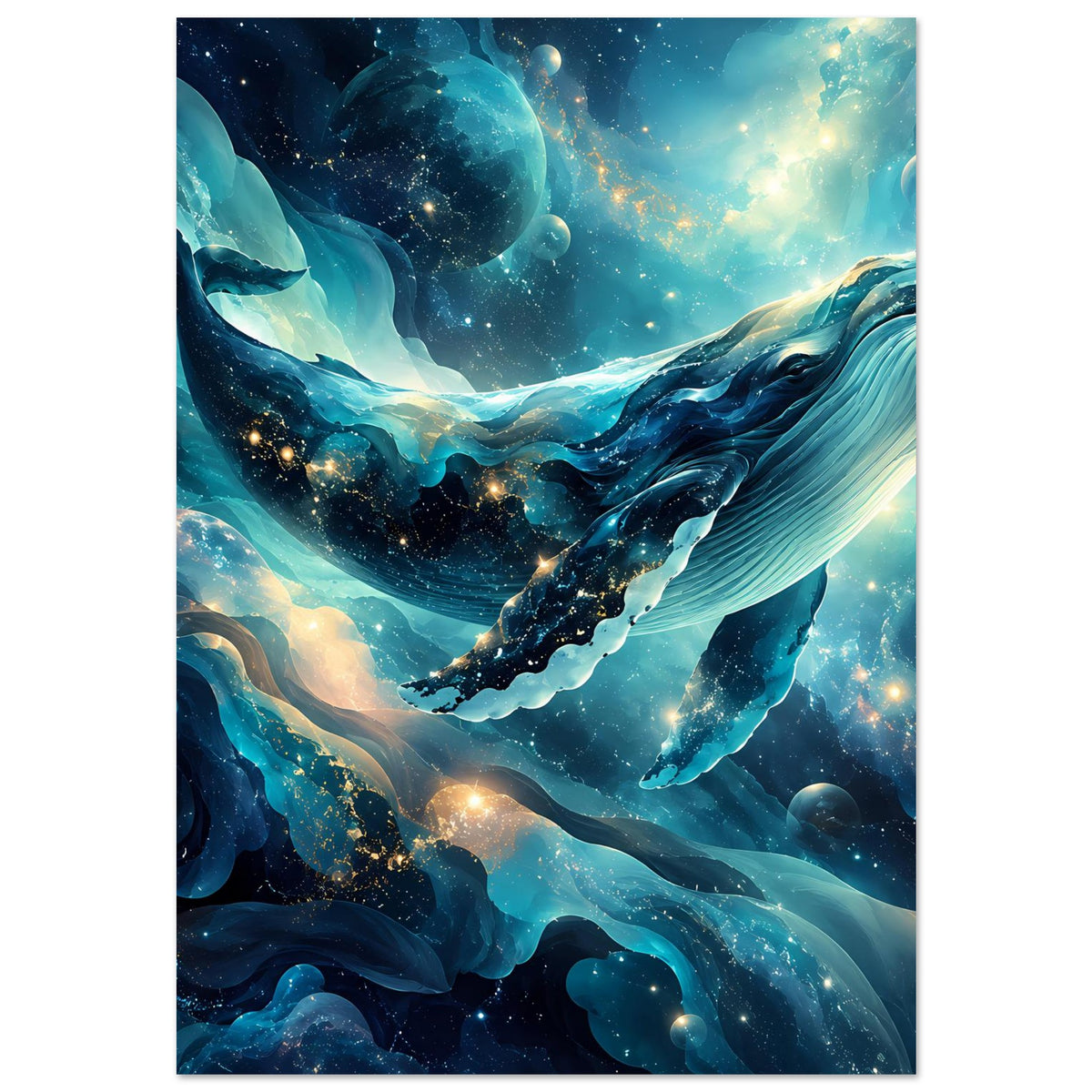 Hochformatiges Ozean-Poster mit kosmischen Sternen über Wasserwellen in Blau