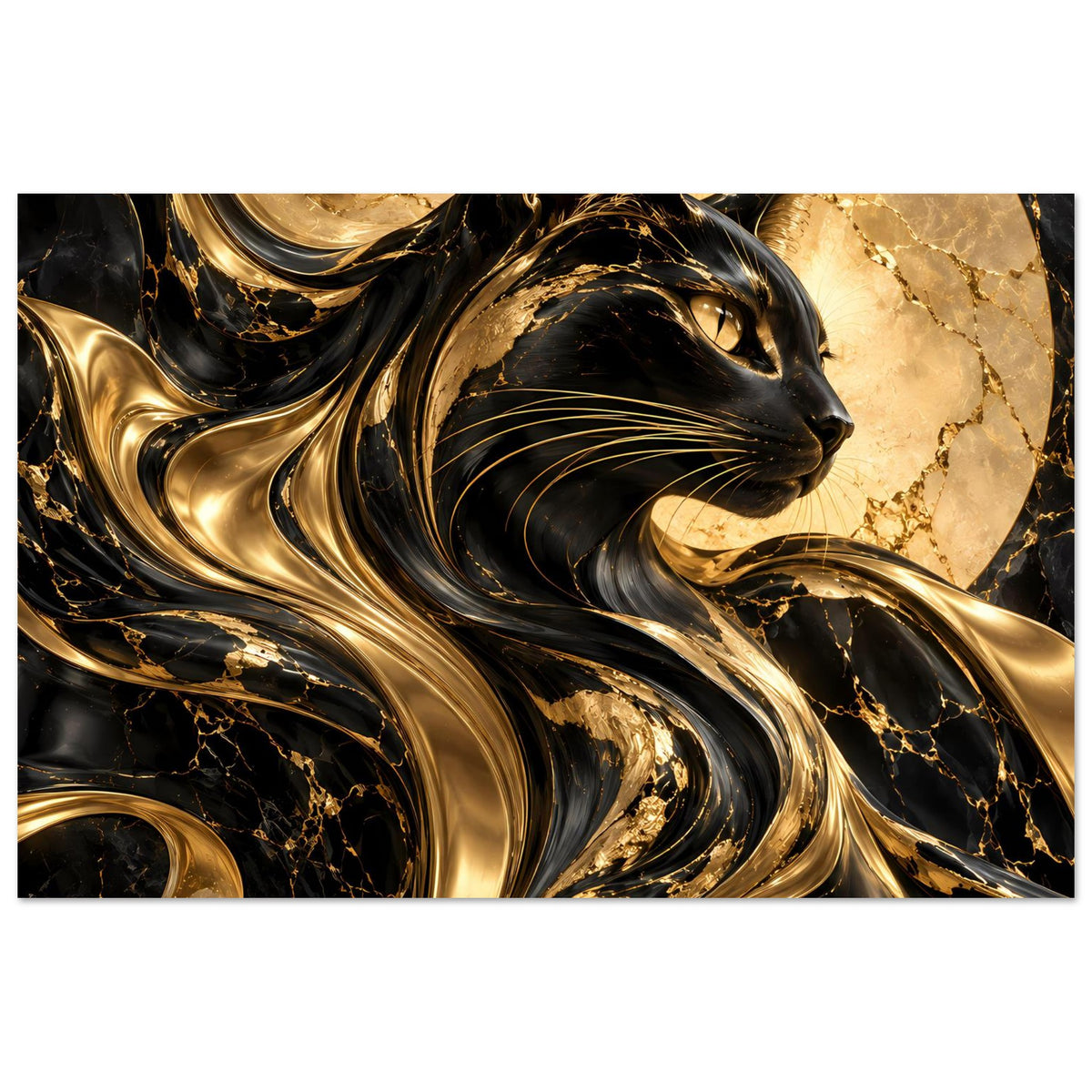 Querformat-Poster mit Katze in Gold und Schwarz, marmorierten Wirbeln und goldenen Akzentadern.