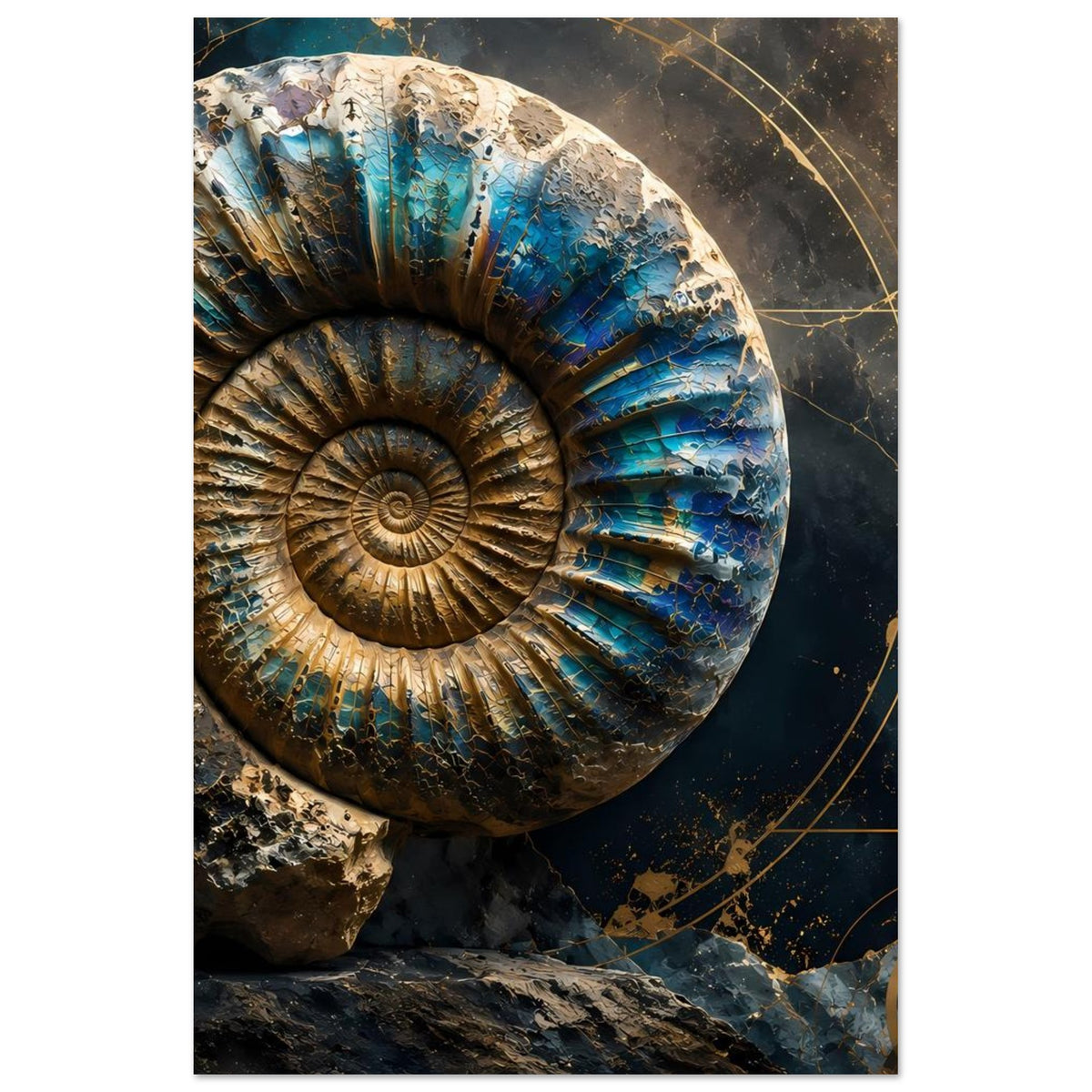 Kunstposter mit Ammonit-Fossil in Petrolblau und Gold, vertikal, Fokus auf Spiralfelder