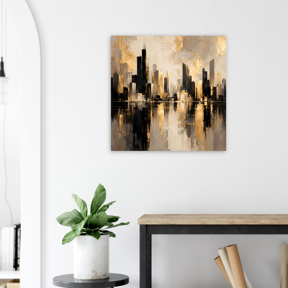 Poster mit abstrakter Skyline und Wasserreflexion, goldene Akzente auf beigem Grund