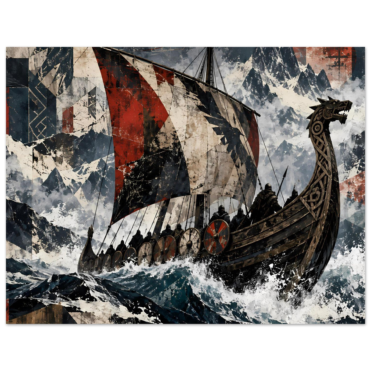 Wikinger-Langschiff Poster: Bug mit Drachenkopf, rote und schwarze Segel, Gischt an der Reling