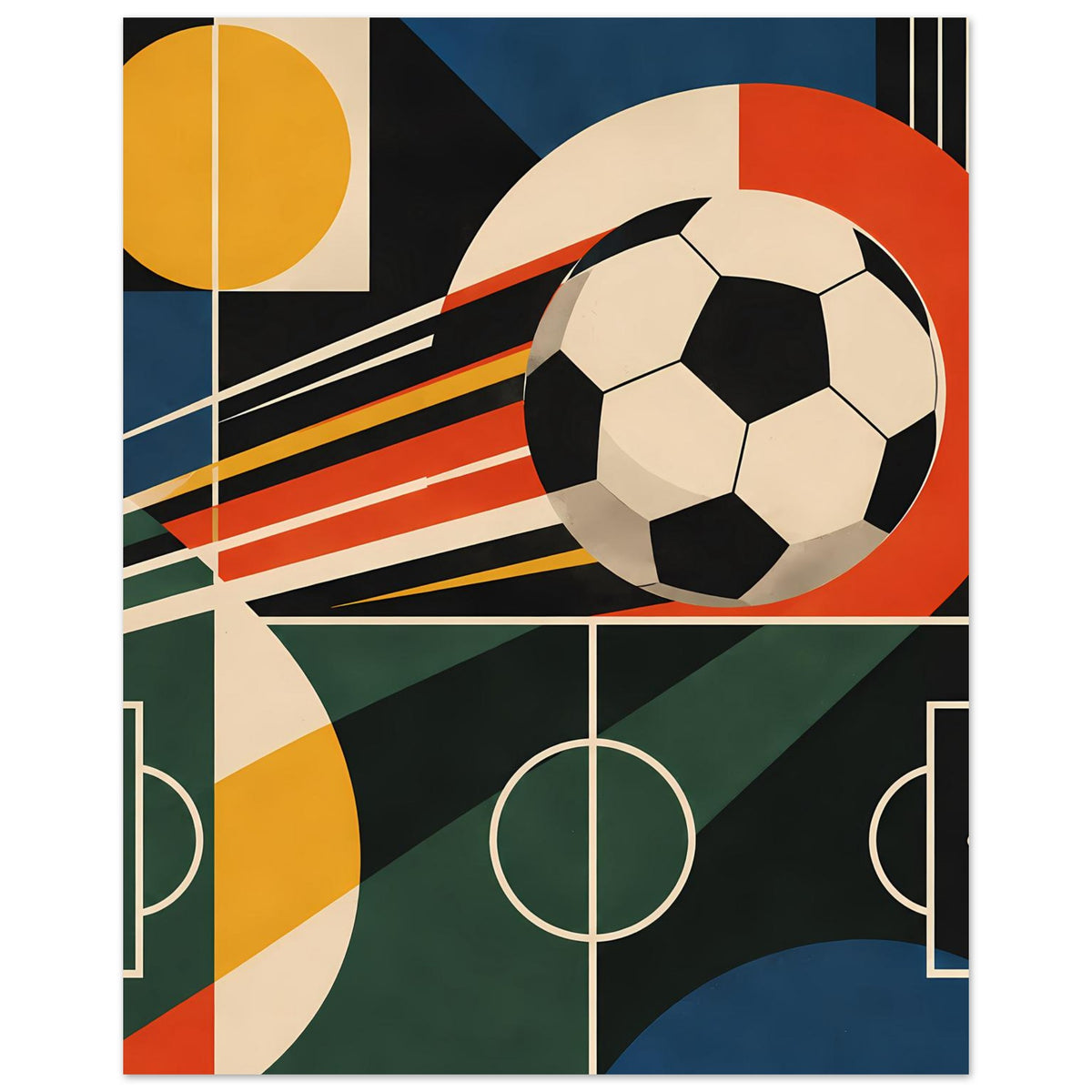 Geometrisches Fußballkunstposter, Fokus auf Fußball, Streifen und Spielfeldlinien