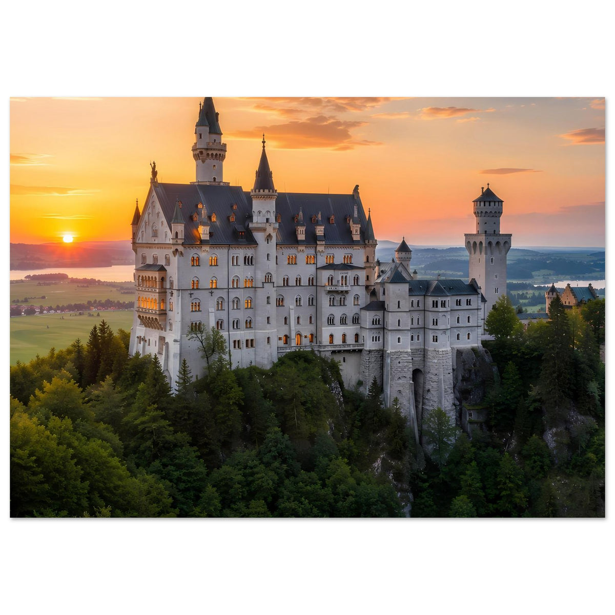Poster mit Schloss und Türmen bei Sonnenuntergang, Wälder im Vordergrund