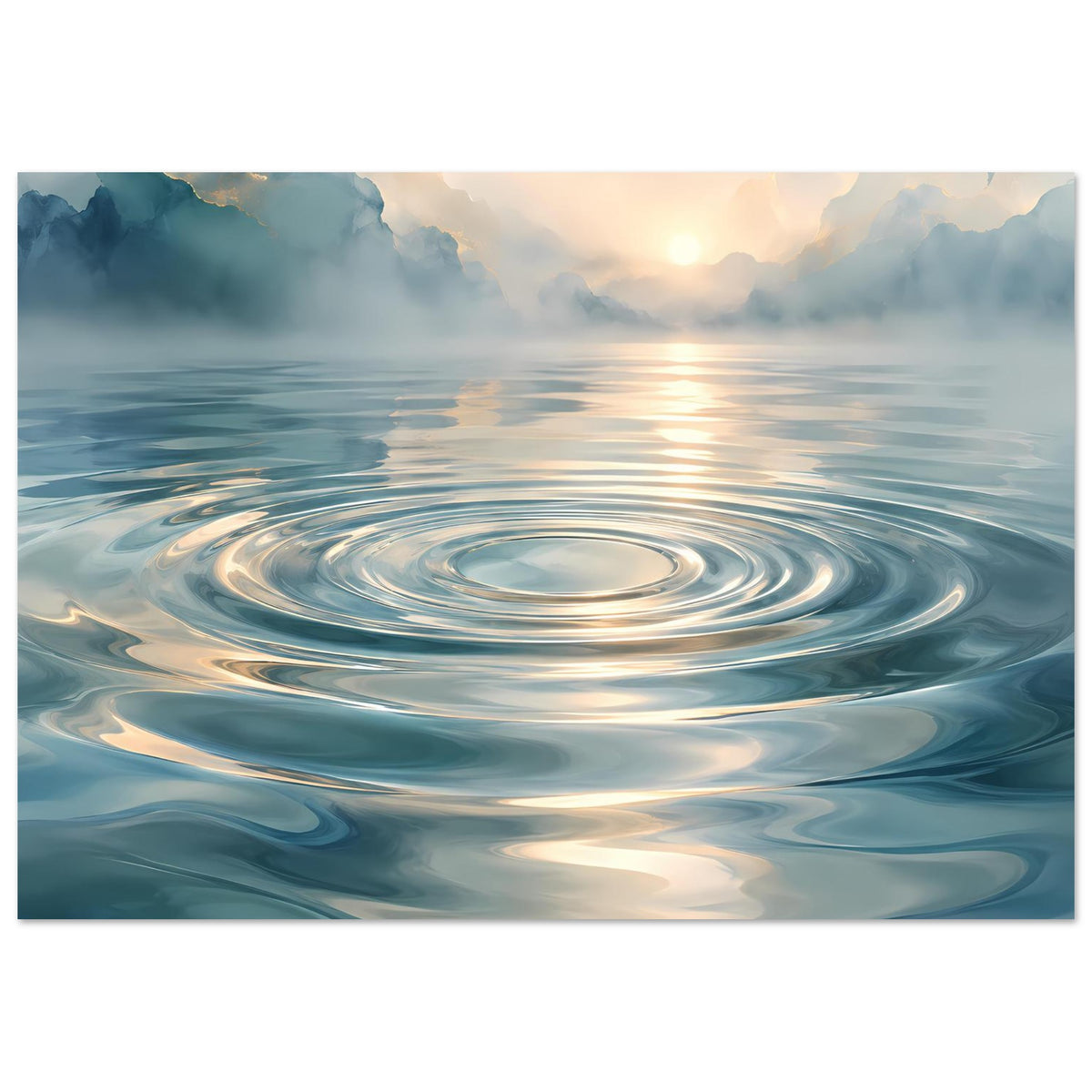 Wasserwellen-Poster mit Sonnenaufgang, kreisförmigen Wellenringen auf ruhigem Meer, horizontal